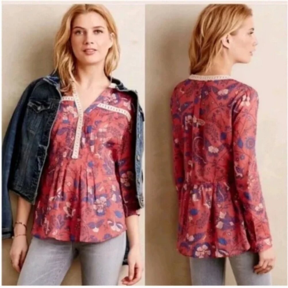 Anthropologie Maeve Abella pink floral peplum blouse‎ 8